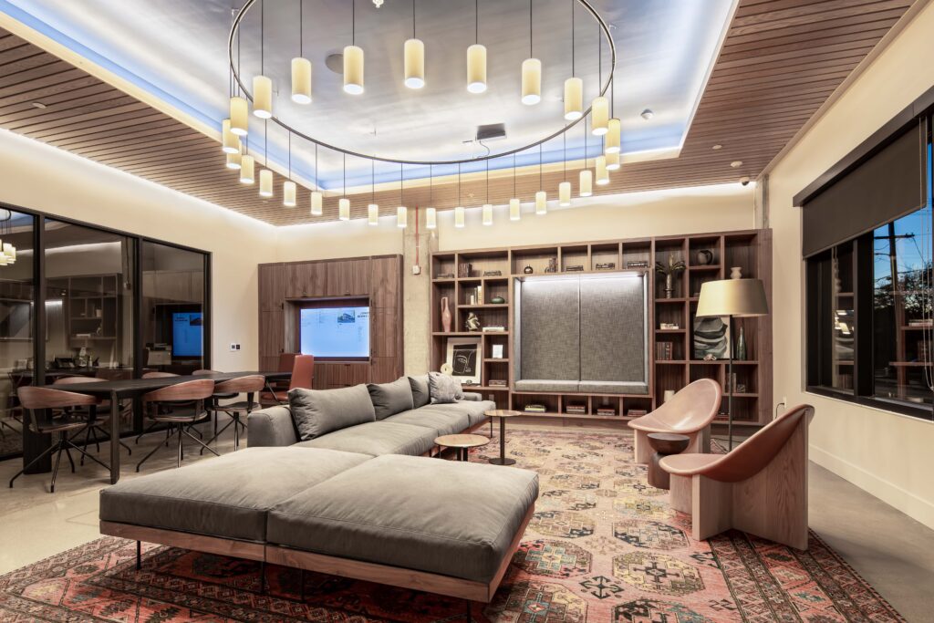 Lobby lounge with large great seating area and large circular chandelier